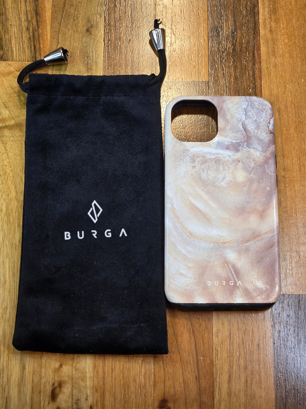 Burga iPhone 13 Tough Case - Almond Latte Marble & Gold Logo - with Pouch